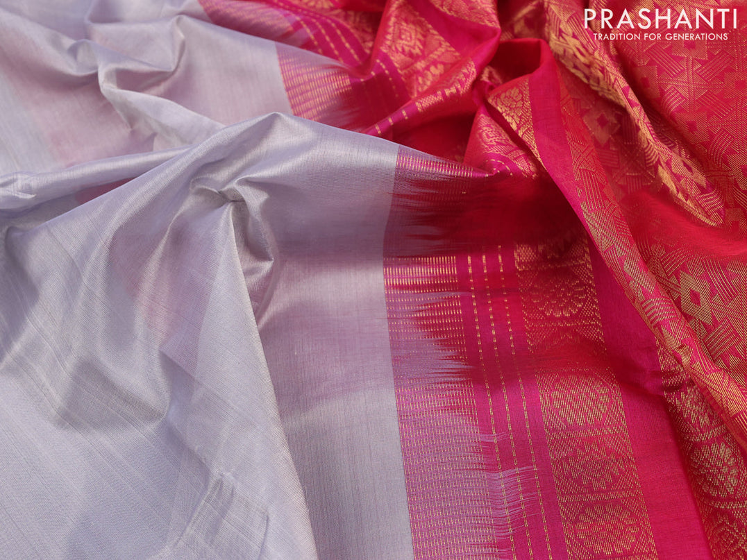 Kuppadam silk cotton saree grey and magenta pink with plain body and zari woven border