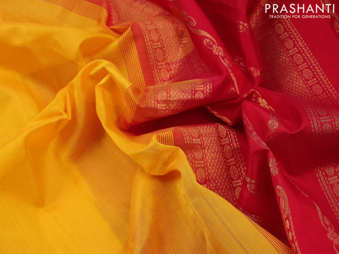 Kuppadam silk cotton saree mango yellow and red with plain body and zari woven border
