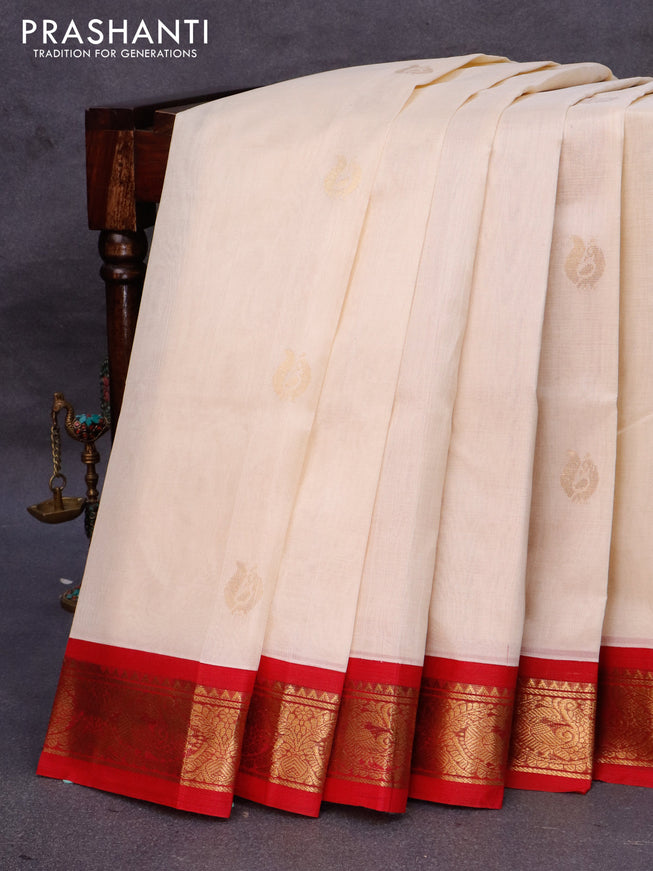 Silk cotton saree cream and pink with annam zari woven buttas and annam zari woven korvai border