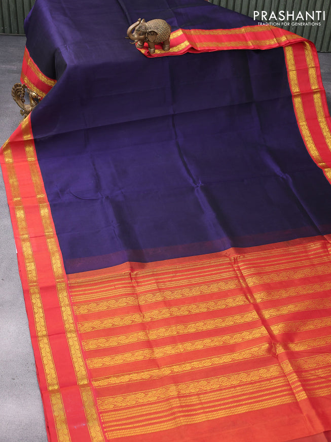 Silk cotton saree navy blue and red with plain body and rettapet zari woven border