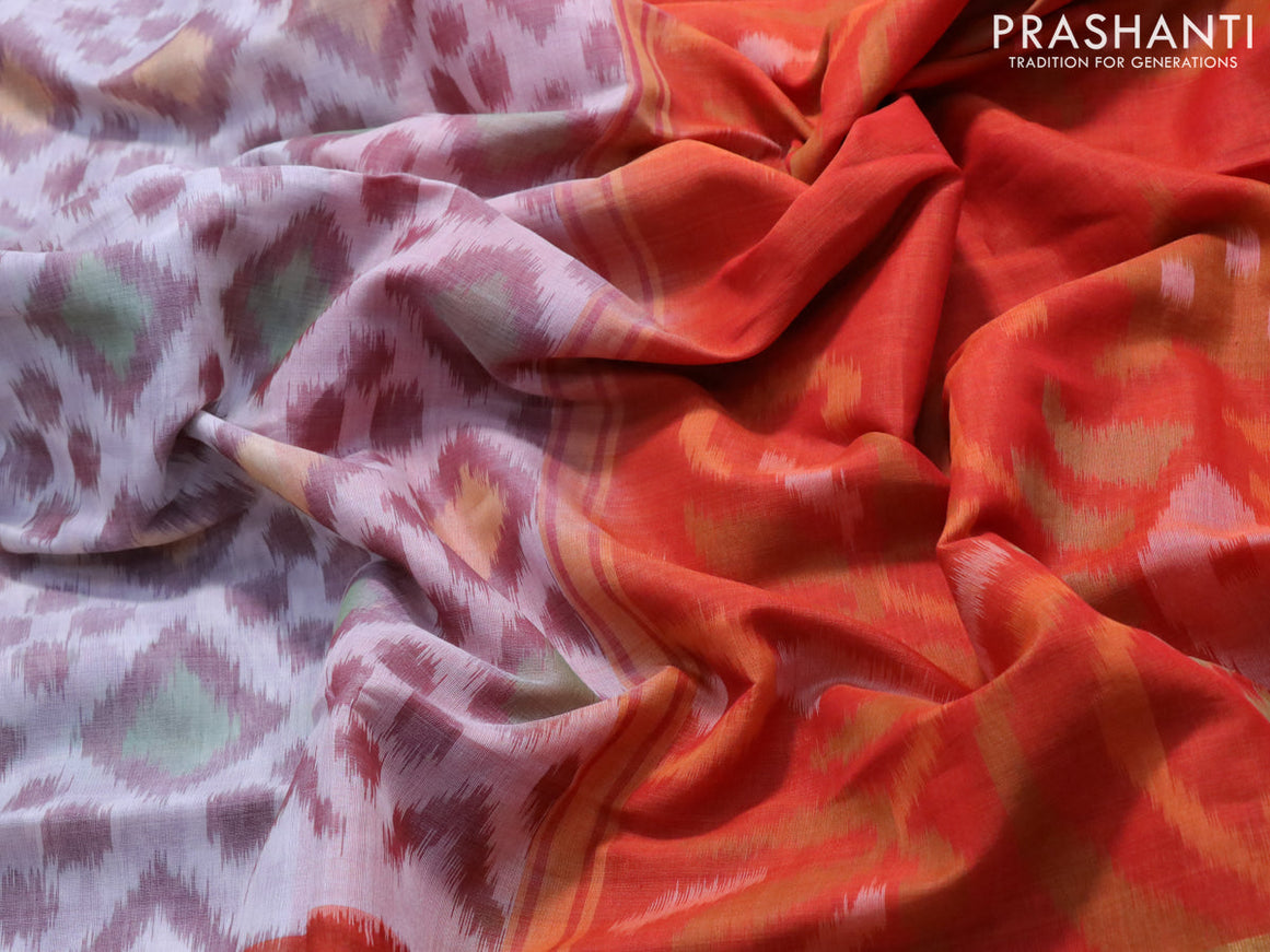 Ikat silk cotton saree off white and orange with allover ikat weaves and long ikat woven border