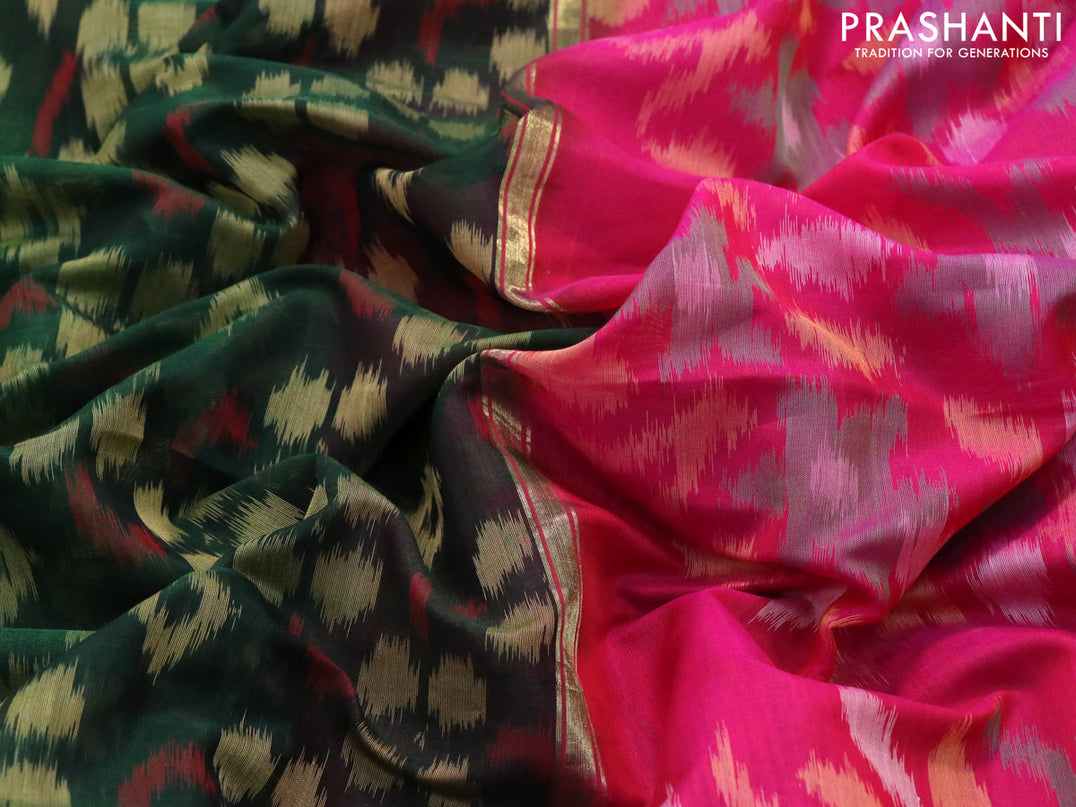 Ikat silk cotton saree dark green and pink with allover ikat weaves and zari woven border