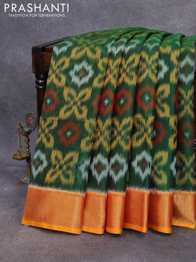 Ikat silk cotton saree green and dual shade of mustard yellow with allover ikat weaves and zari woven border