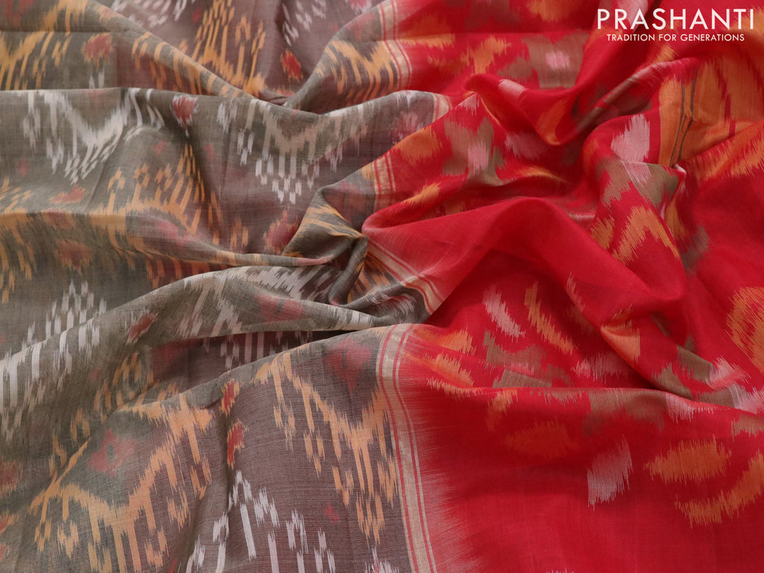 Ikat silk cotton saree grey and red with allover ikat weaves and zari woven border