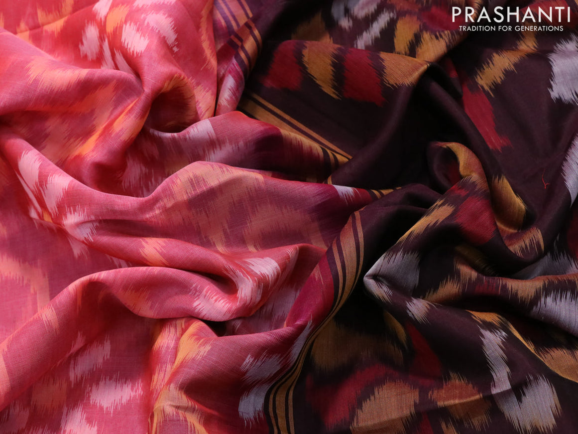 Ikat silk cotton saree peach pink and coffee brown with allover ikat weaves and zari woven border