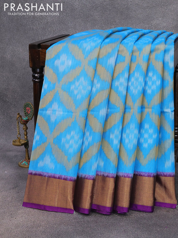 Ikat silk cotton saree light blue and purple with allover ikat weaves and zari woven border