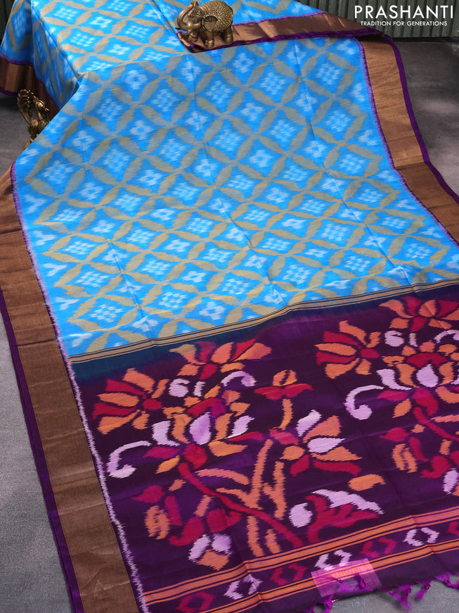 Ikat silk cotton saree light blue and purple with allover ikat weaves and zari woven border