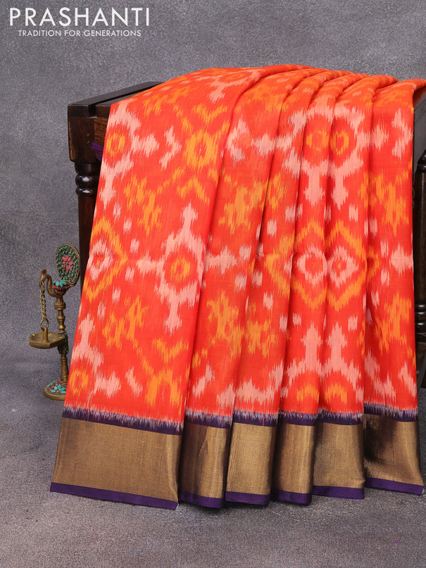 Ikat silk cotton saree orange and blue with allover ikat weaves and zari woven border