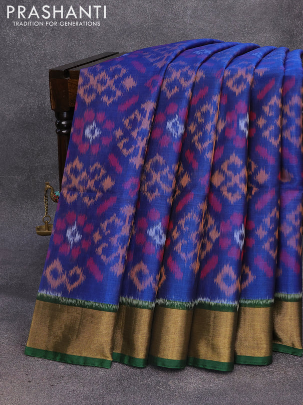 Ikat silk cotton saree peacock blue and green with allover ikat weaves and zari woven border