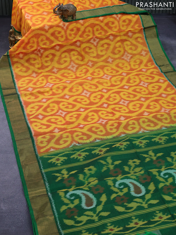 Ikat silk cotton saree orange and green with allover ikat weaves and zari woven border