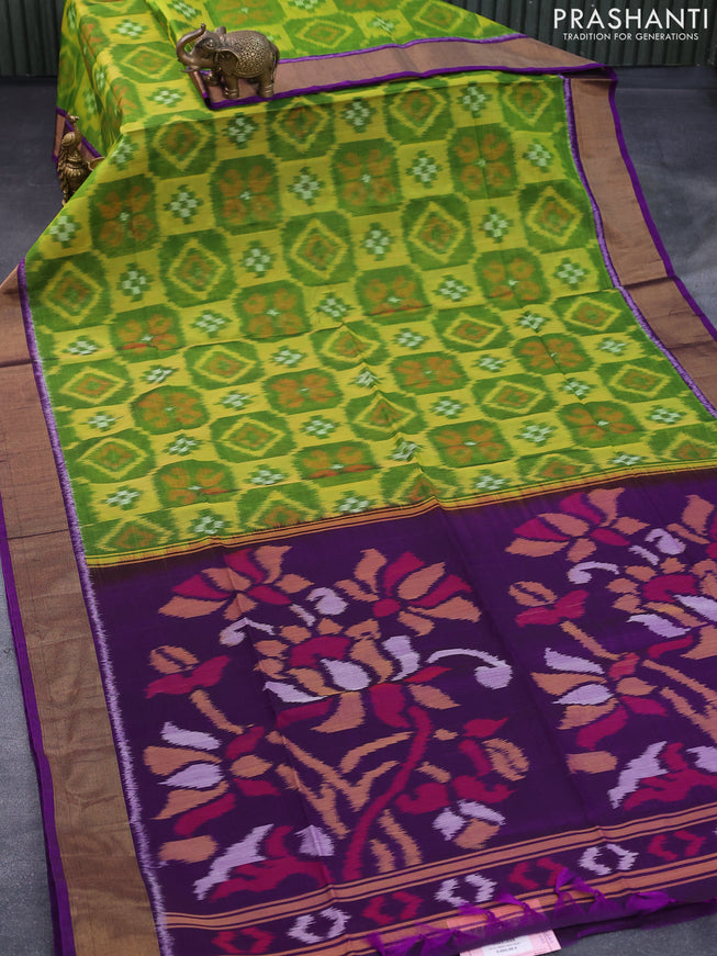 Ikat silk cotton saree light green and violet with allover ikat weaves and zari woven border