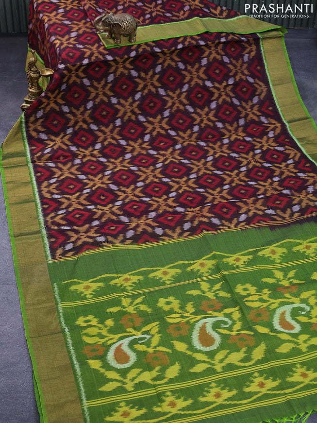 Ikat silk cotton saree coffee brown and green with allover ikat weaves and zari woven border