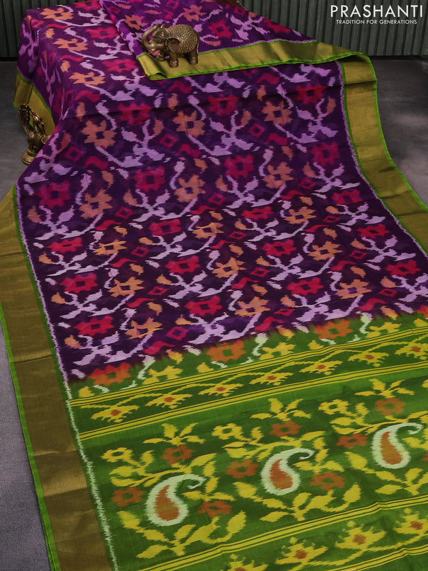 Ikat silk cotton saree deep violet and light green with allover ikat weaves and zari woven border