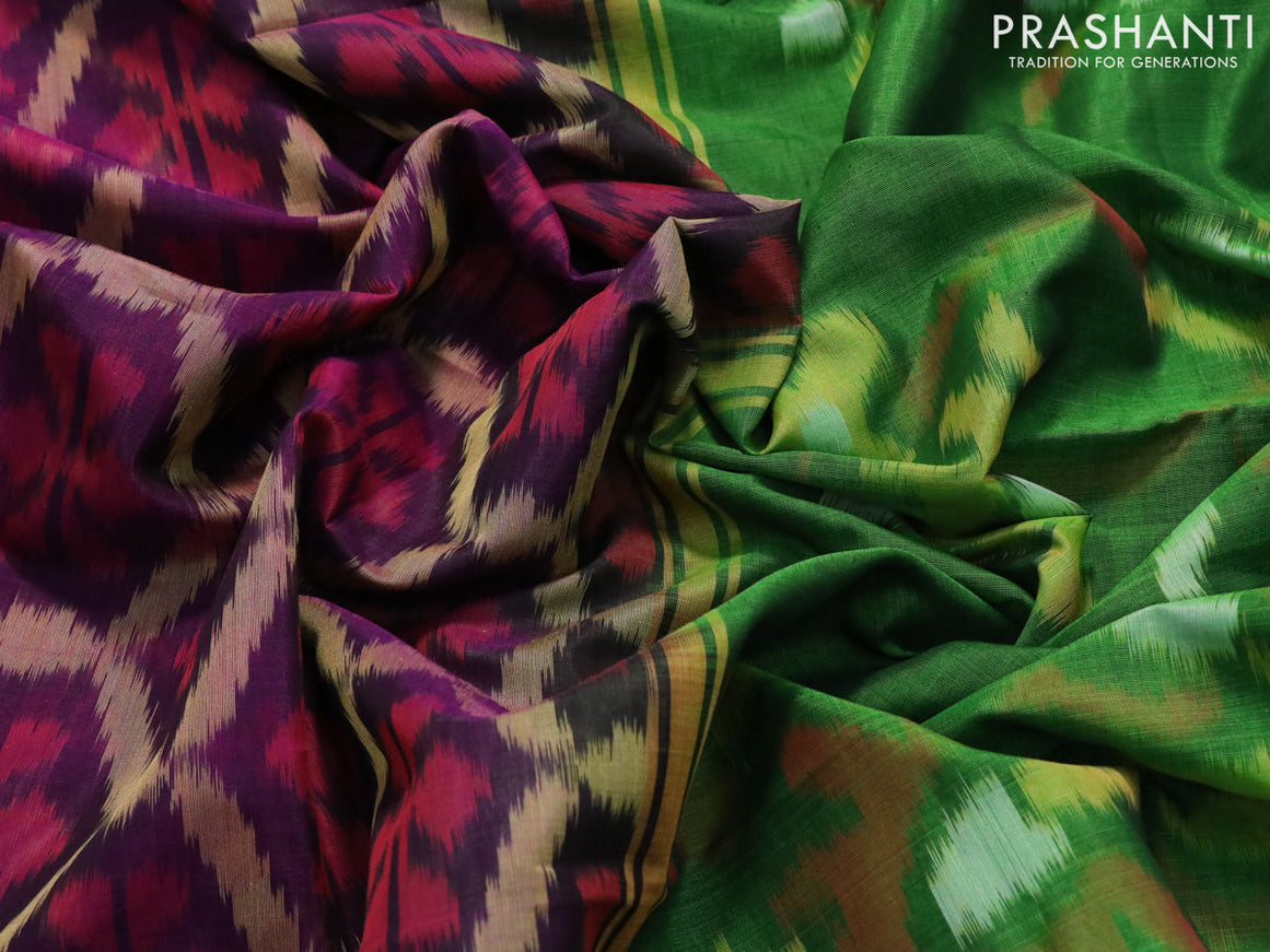 Ikat silk cotton saree deep violet and green with allover ikat weaves and long ikat woven border