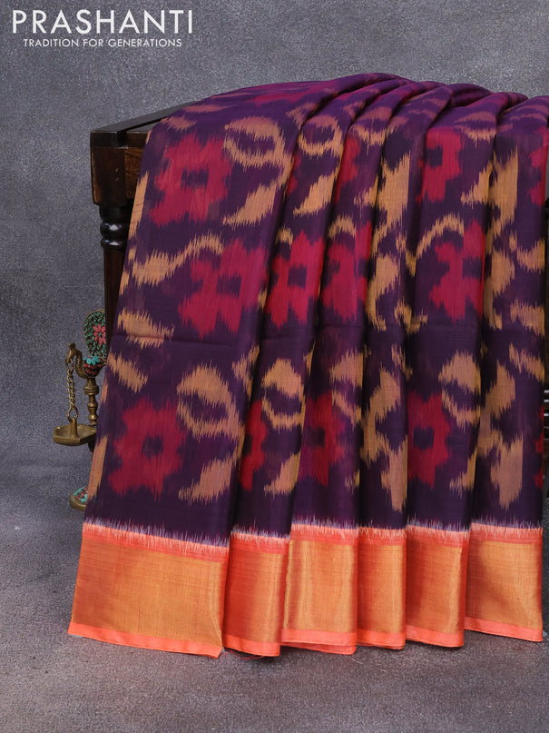 Ikat silk cotton saree deep violet and orange with allover ikat weaves and zari woven border
