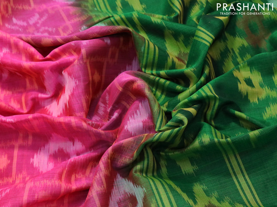Ikat silk cotton saree pink and green with allover ikat weaves and zari woven border