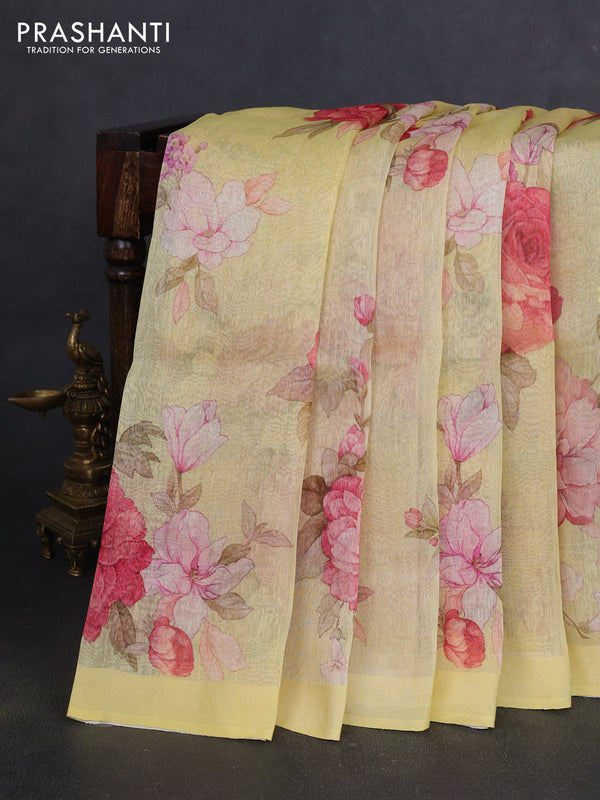 Pure linen silk saree yellow with allover floral prints and simple border