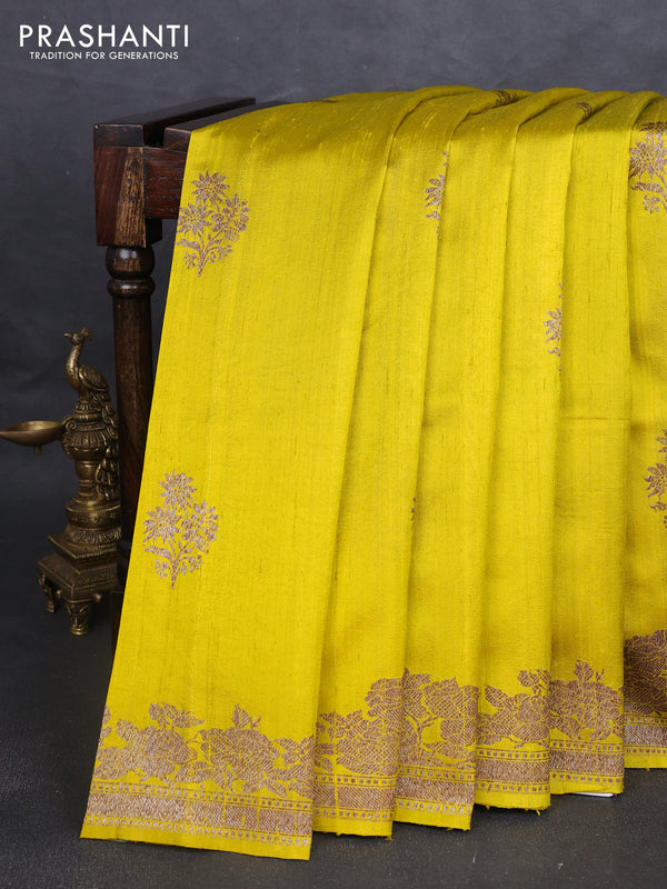 Banarasi raw silk saree lime yellow with thread & zari woven buttas and woven border