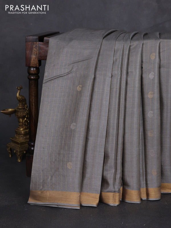 Banana silk saree grey with allover zari stripe & buttas and zari woven border
