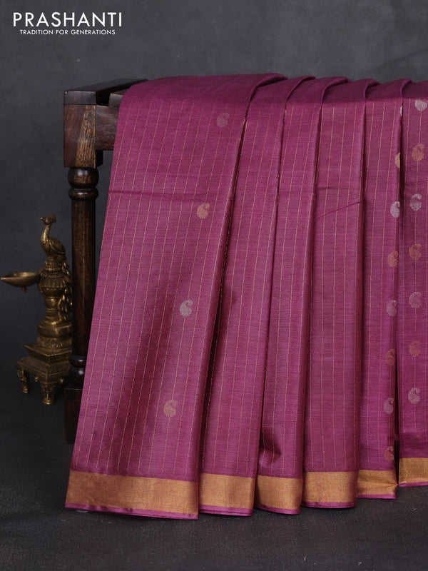 Banana silk saree magenta pink with allover zari stripe & buttas and zari woven border