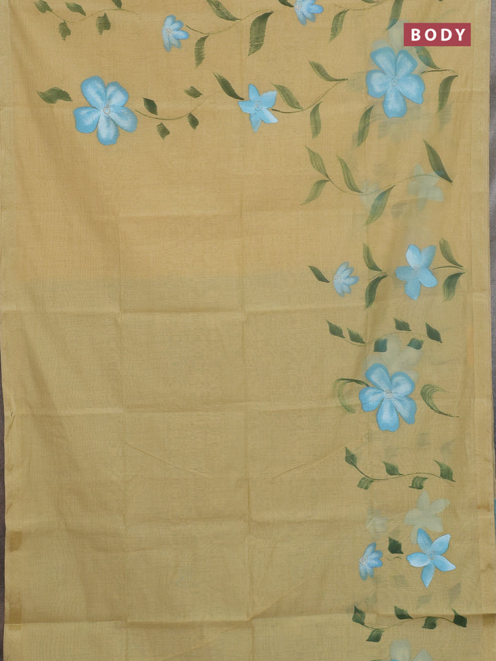 Linen cotton saree sandal and cs blue with floral hand paint prints and zari woven border