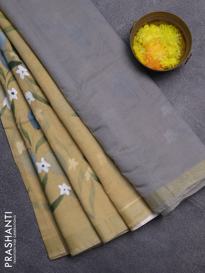 Linen cotton saree sandal and grey with floral hand paint prints and zari woven border