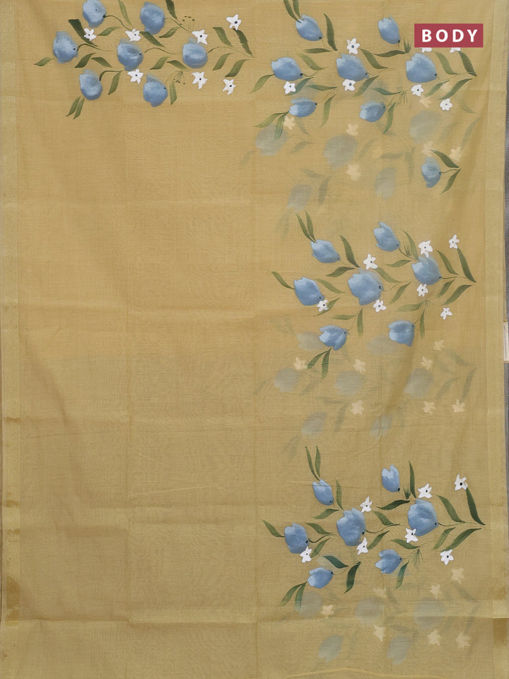 Linen cotton saree sandal and grey with floral hand paint prints and zari woven border