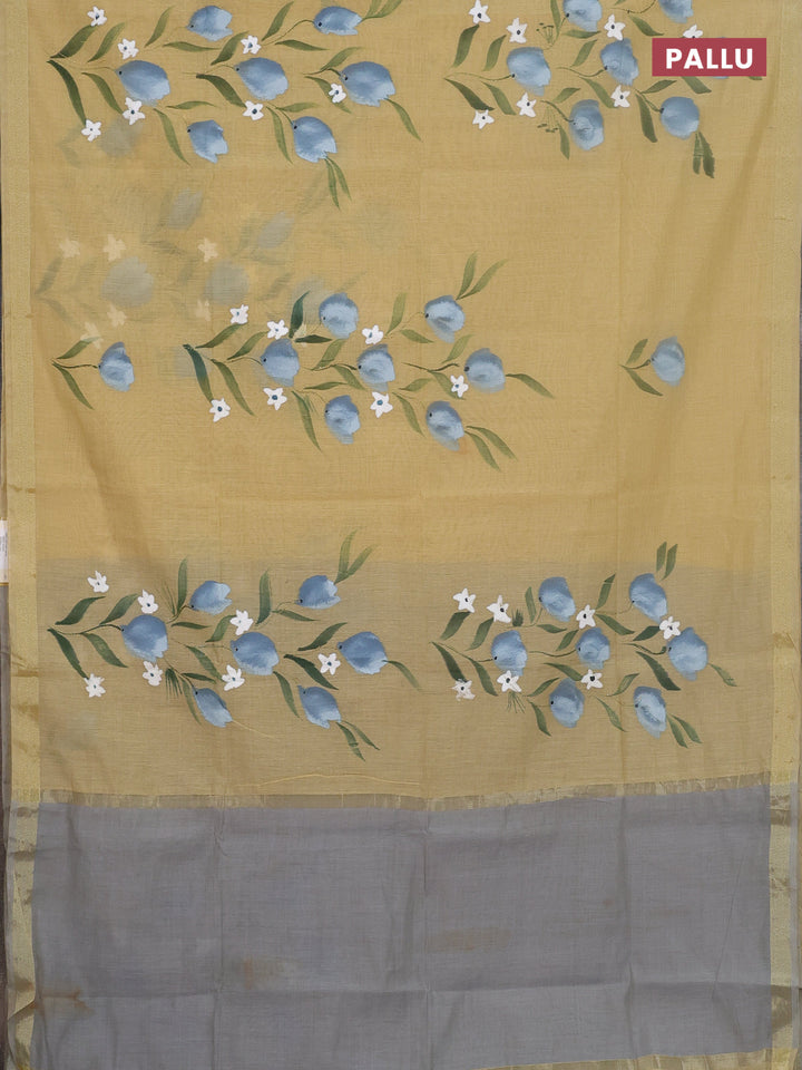 Linen cotton saree sandal and grey with floral hand paint prints and zari woven border