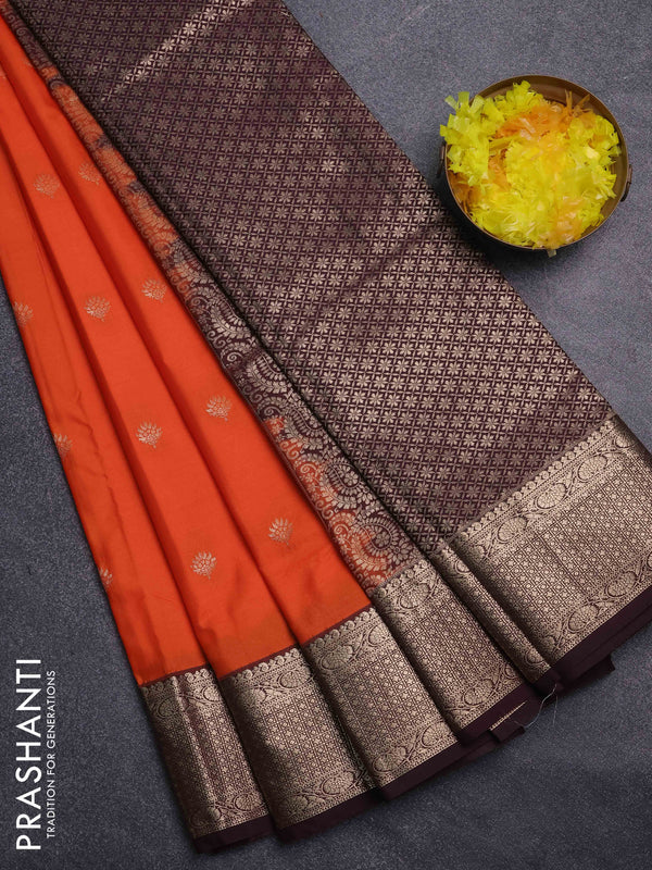 Bangalori silk saree orange and coffee brown with allover zari woven buttas and zari woven border