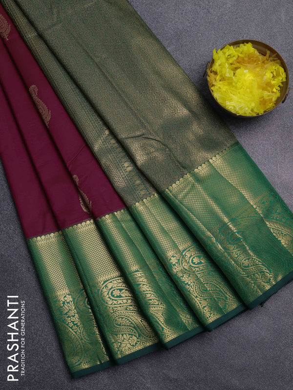 Bangalori silk saree wine shade and bottle green with zari woven buttas and long zari woven border