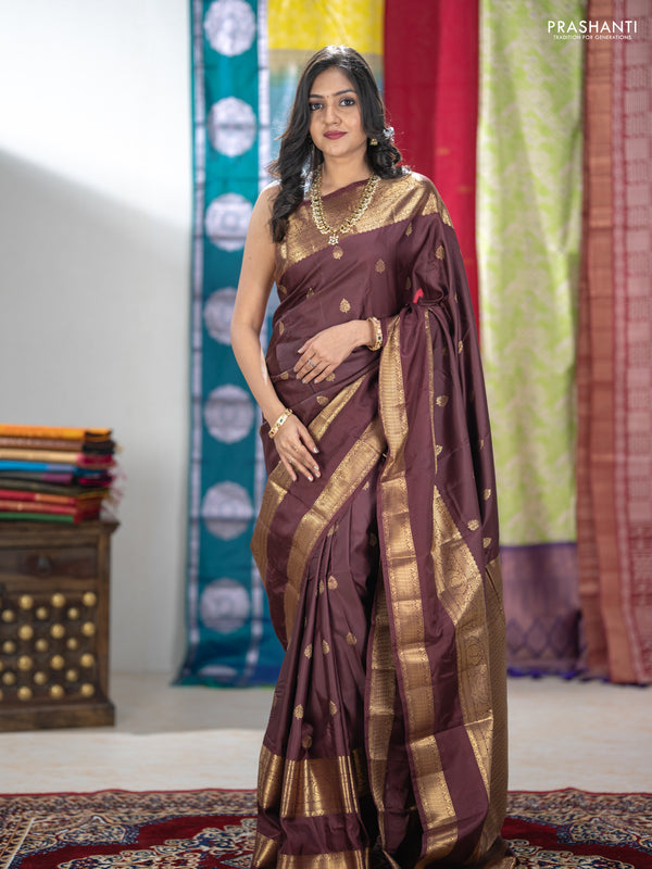 Bangalori silk saree coffee brown with zari woven buttas and long rettapet zari woven border