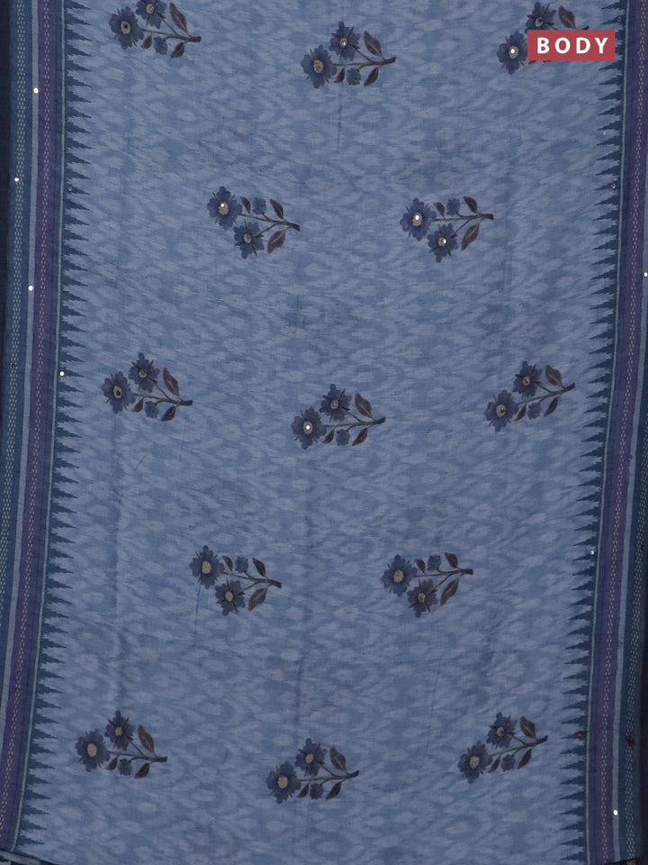 Kota linen saree grey and blue with allover ikat prints and prints & mirror work border