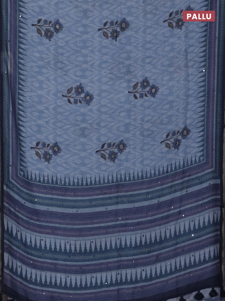 Kota linen saree grey and blue with allover ikat prints and prints & mirror work border
