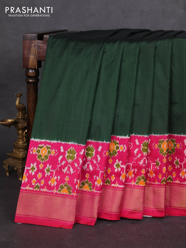 Pochampally silk saree bottle green and pink with plain body and long ikat woven zari border