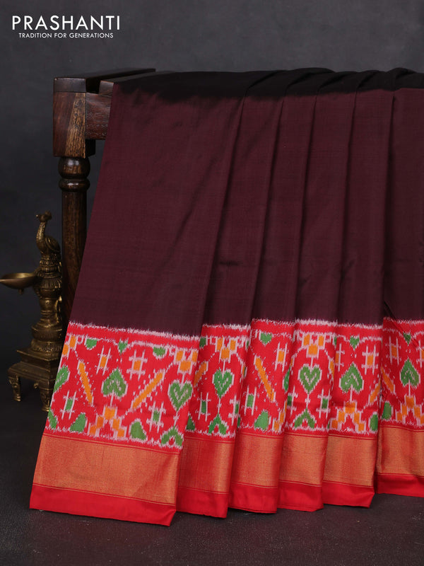 Pochampally silk saree coffee brown and red with plaun body and long ikat woven zari border