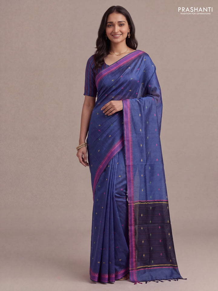 Munga tussar silk saree peacock blue and pink with thread woven geomatric buttas and organza pallu