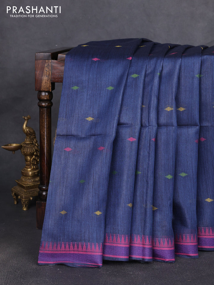 Munga tussar silk saree peacock blue and pink with thread woven geomatric buttas and organza pallu