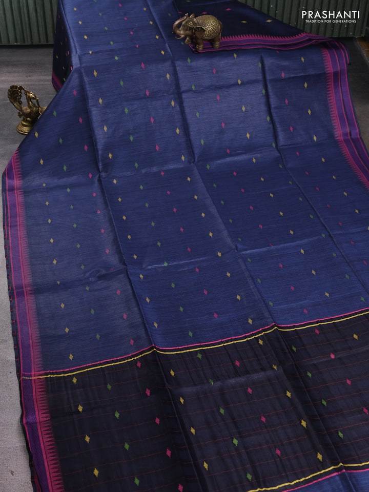Munga tussar silk saree peacock blue and pink with thread woven geomatric buttas and organza pallu