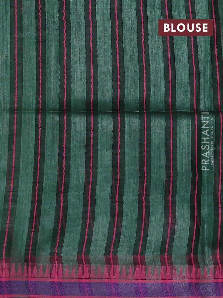 Munga tussar silk saree bottle green and pink with thread woven geomatric buttas and organza pallu