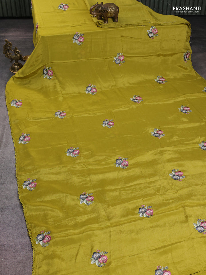 Chiffon silk saree lime green with floral embroidery and lace work border