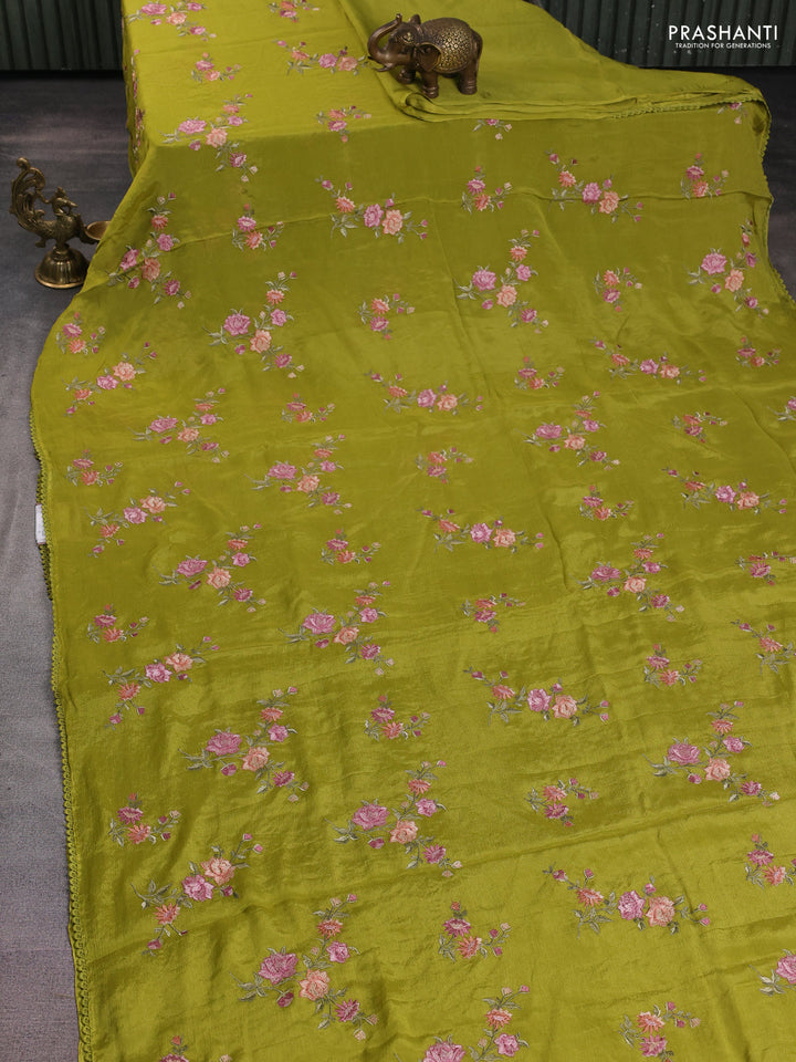 Chiffon silk saree lime green with floral embroidery and lace work border