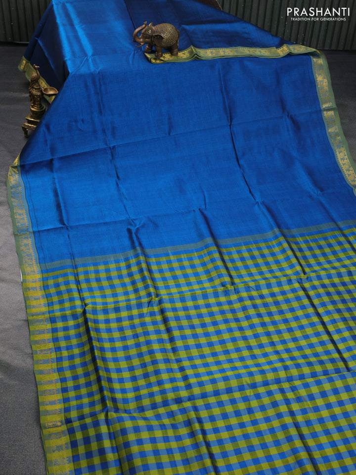 Silk cotton saree cs blue and light green with plain body and zari woven border