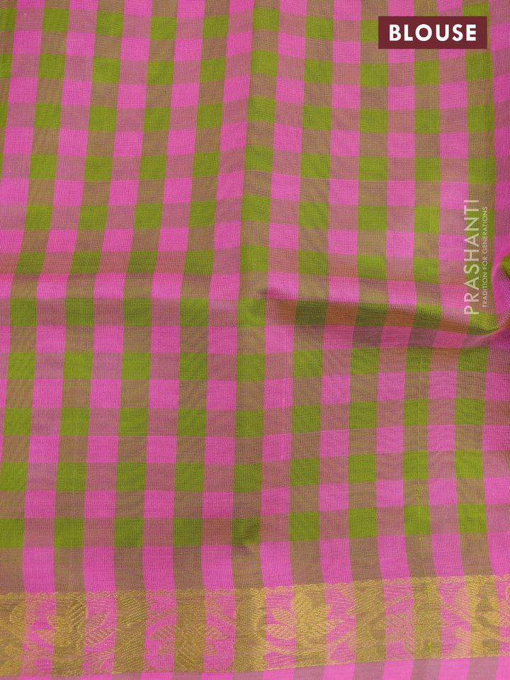 Silk cotton saree light green and light pink with plain body and zari woven border