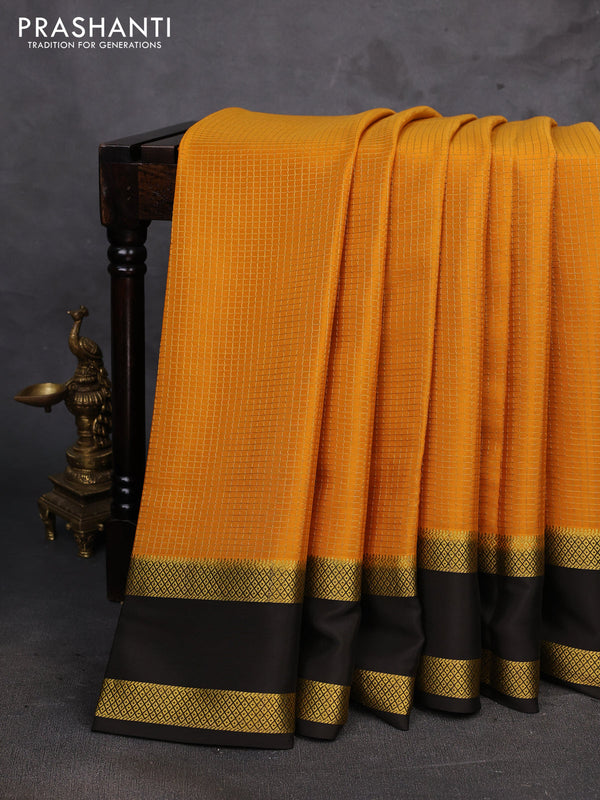 Mustard Yellow & Coffee Brown Pure Mysore Silk - Checks