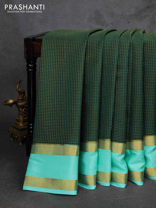 Bottle Green & Teal Green Pure Mysore Silk - Checks