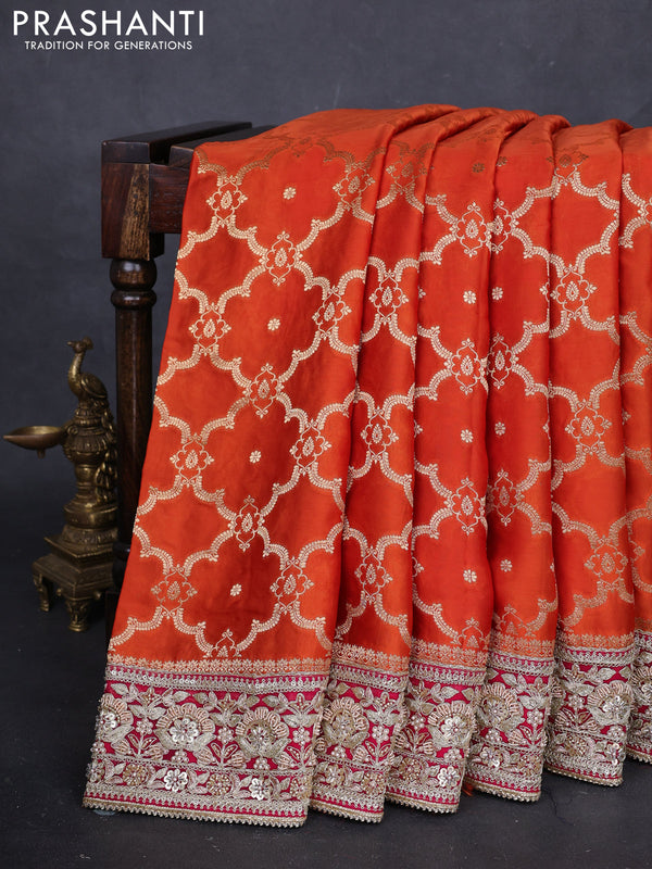 Orange Banarasi silk Embroidery saree