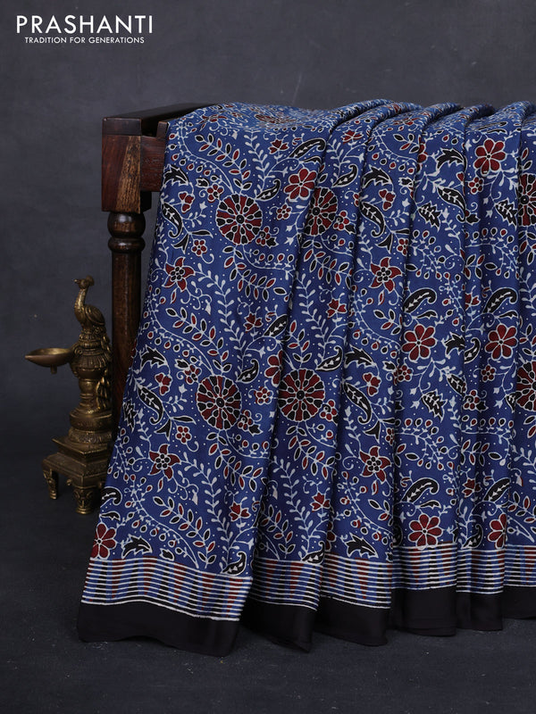 Indigo Blue & Black Modal Silk Saree - Ajrakh Prints