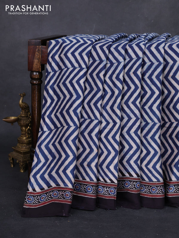 Beige Blue & Black Modal Silk Saree - Ajrakh Prints