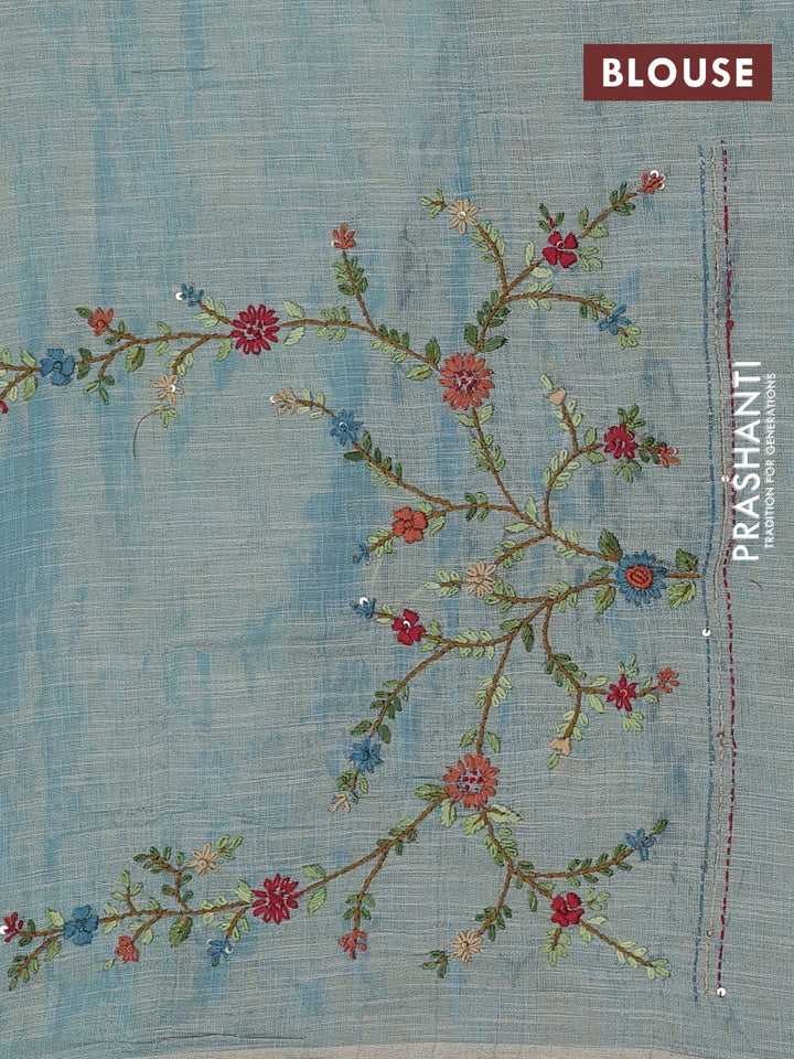 Teal Blue & Red Linen Saree - Embroidery