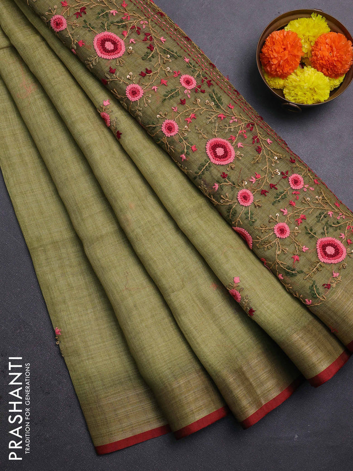 Mehendi Green & Red Linen Saree - Embroidery